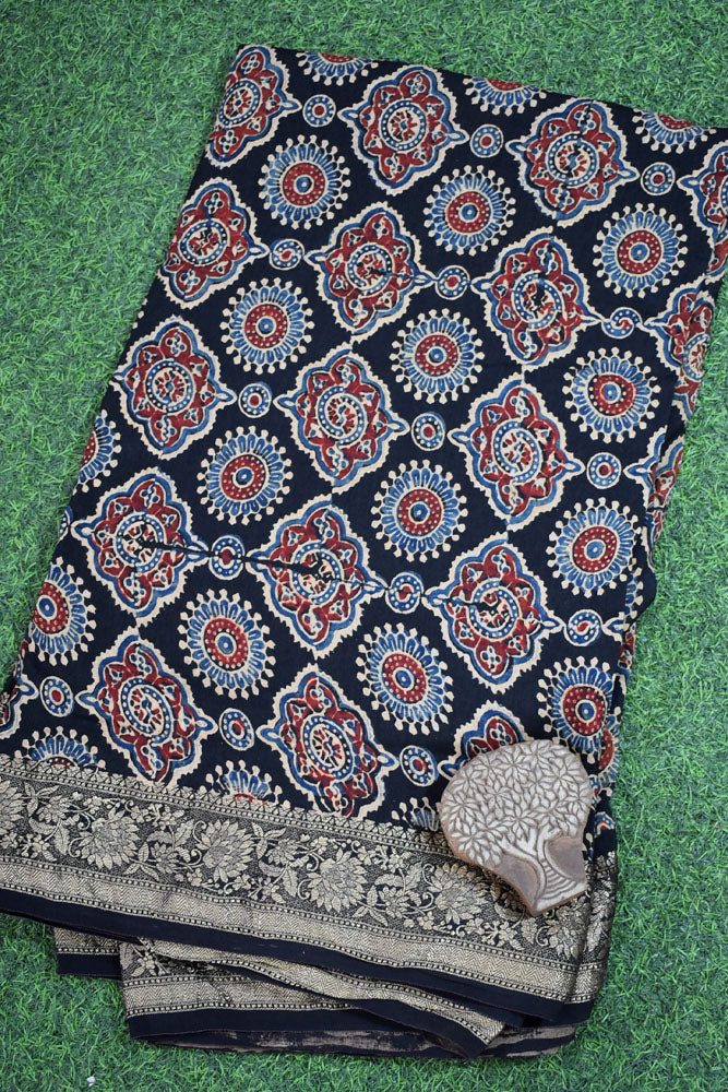 Beautiful Ajrakh Dola Silk Hand Block Print Fabric - 3 mtrs cut