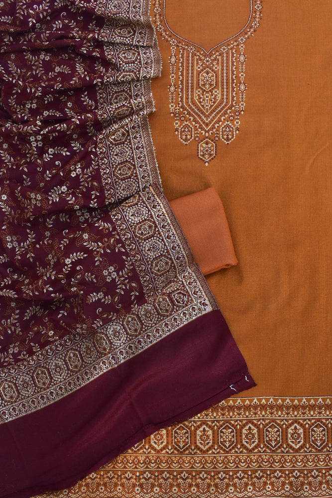 Beautiful Woolen Suit fabric & Stole with All over pattern and Zari & Thread weaving