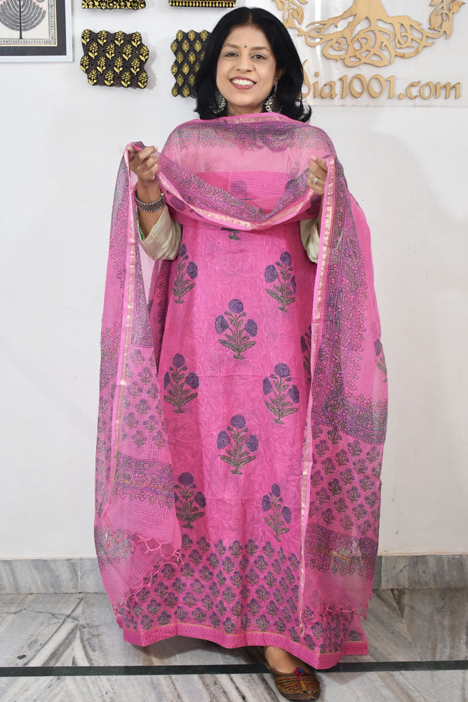 Elegant Kota cotton suit with tepchi work & Hand block printed dupatta