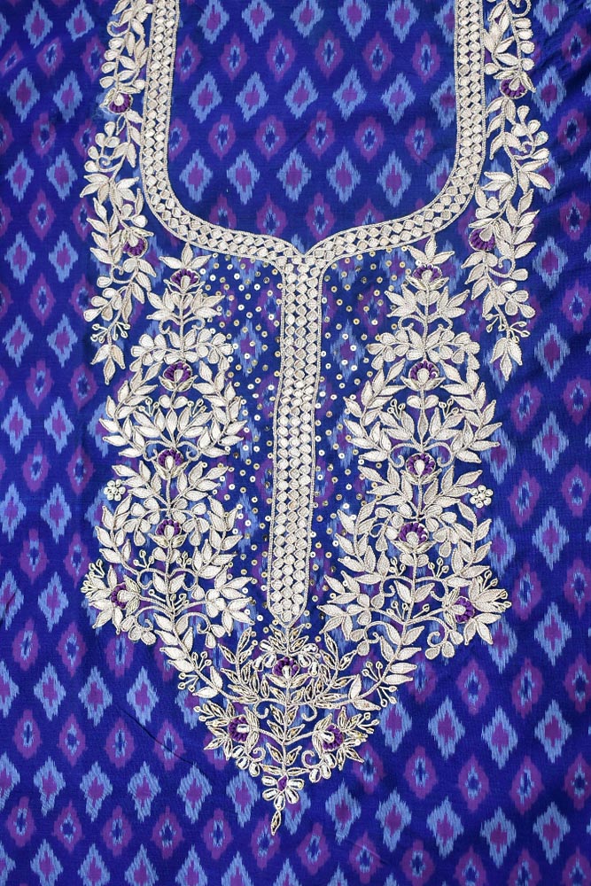 Elegant Handwoven Ikkat Silk Cotton Fabric with Hand Embroidery ( 2.5 mtrs)