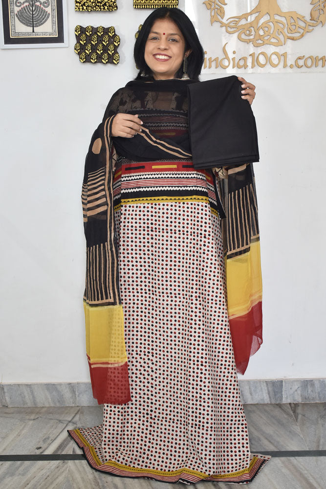 Designer Hand Block printed Cotton suit with chiffon dupatta