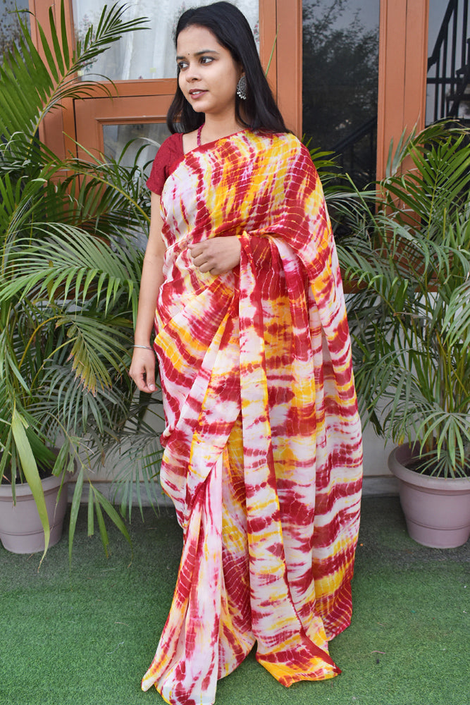 Semi Organza Saree with Hand Tie Dye work