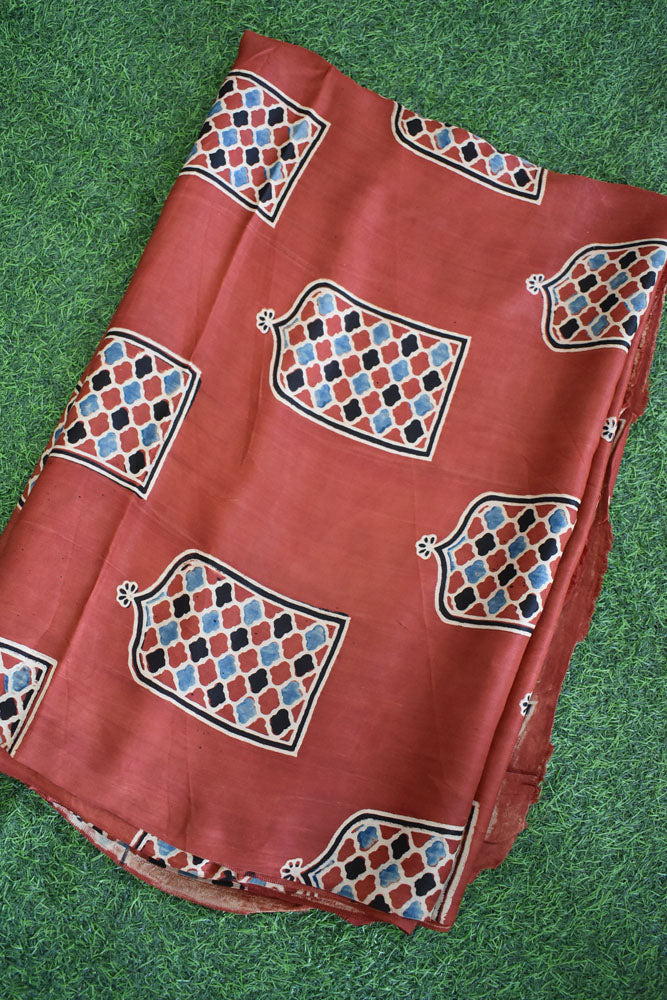 Beautiful Modal Silk Ajrakh Hand Block Print Fabric - 2.5 mtrs cut