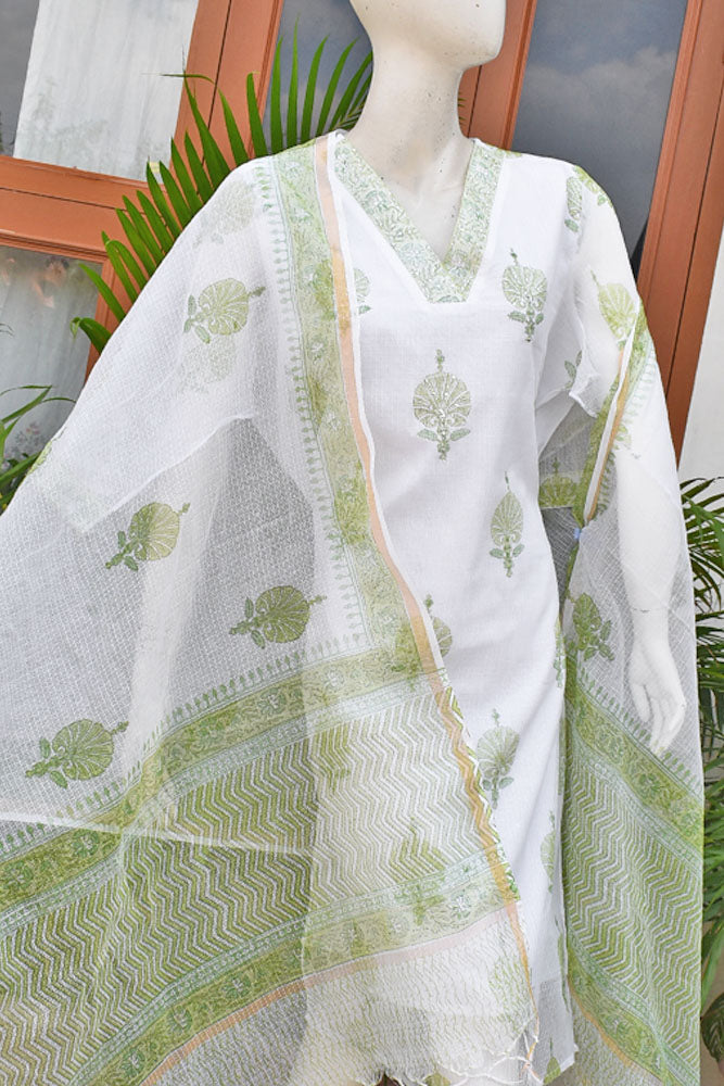Premium Semi stitched Kota Doria Unstitched suit with Hand Block Print & Hand Embroidery