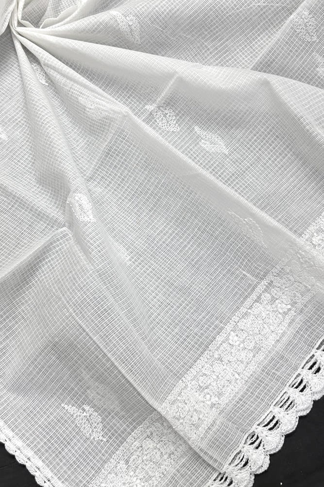 Handcrafted Kota Cotton Dupatta with Chikankari embroidery & crochet borders- base white color - Dyeable