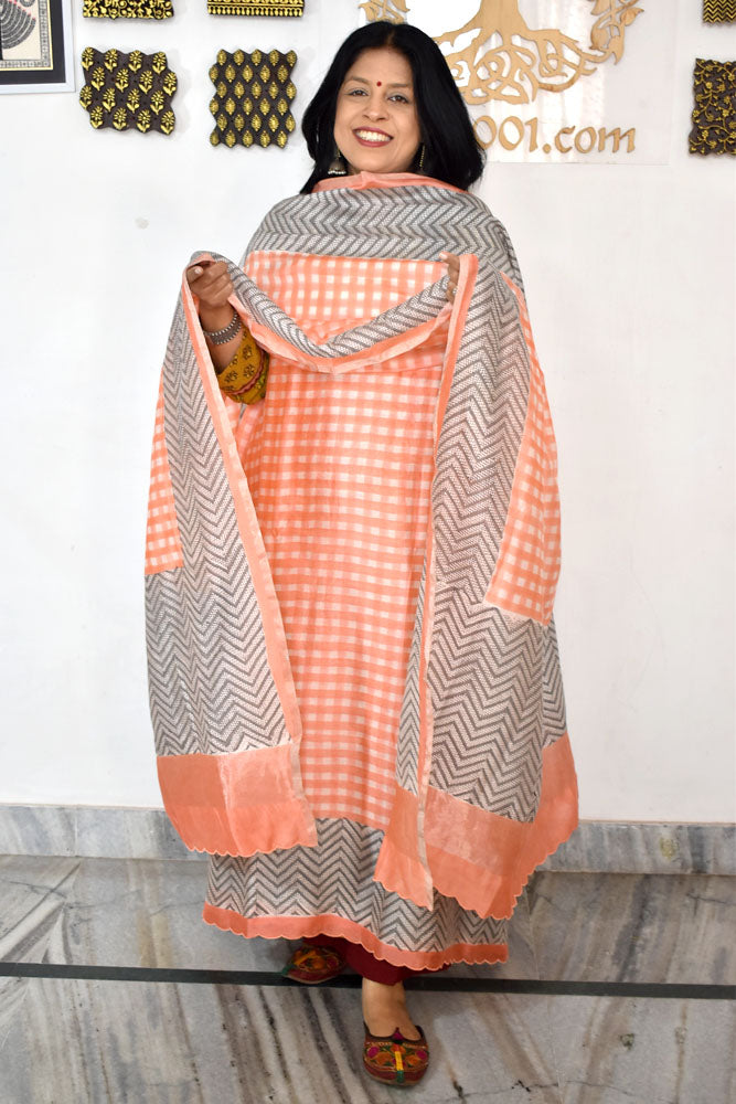 Beautiful Hand Block Printed Maheshwari Silk Cotton Unstitched suit fabric with madhubani art motifs