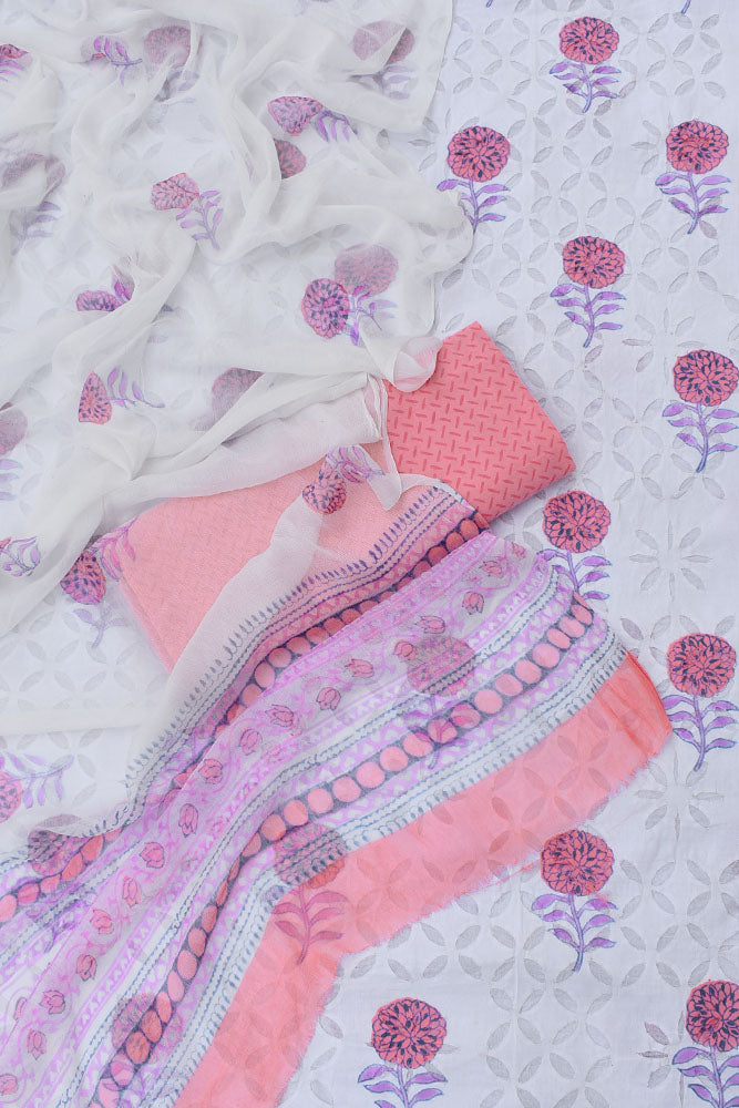 Hand Block Printed Cotton Suit with Hand applique work & chiffon dupatta