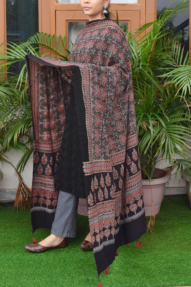 Ajrakh Hand Block Printed Cotton Dupatta with Tassels with natural dyes