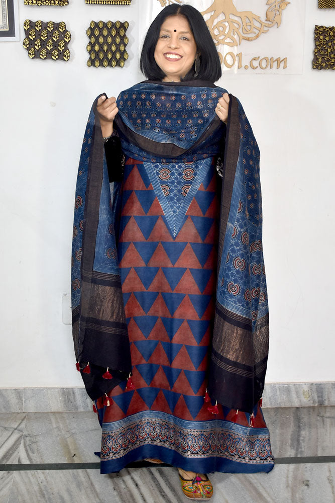 Beautiful Hand Block printed Kutch Ajrakh Chanderi Kurta and Lagdi patta dupatta set
