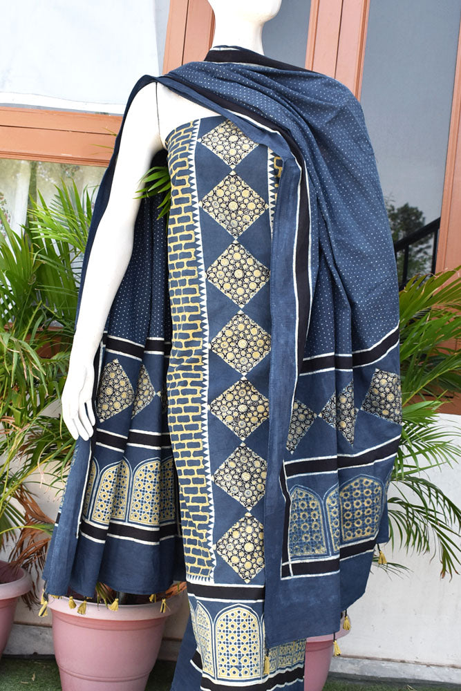 Hand Block Print Ajrakh Cotton Suit with designer Ajrakh neck yoke pattern