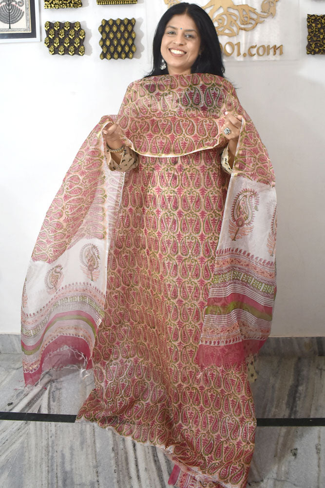 Elegant Hand Block Printed Kota Silk Unstitched Suit