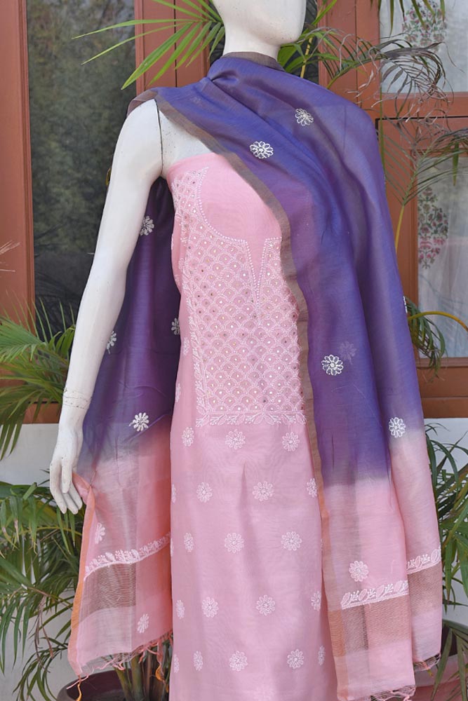 Elegant Chanderi Kurta & Tie & Dye Dupatta Set with Chikankari Embroidery & Muqaish work
