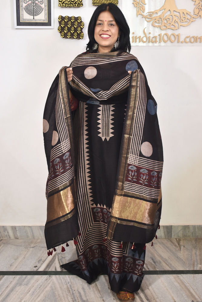 Beautiful Hand Block printed Kutch Ajrakh Chanderi Kurta and Lagdi patta dupatta set