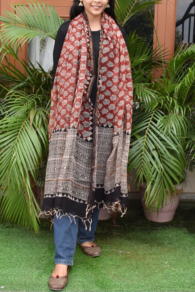 Hand Block Printed Kota Cotton Dupatta with zari border