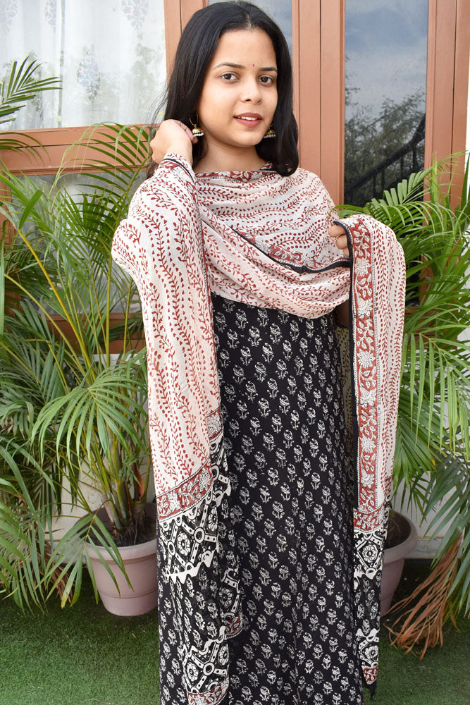 Hand Block Printed Bagru Cotton unstitched suit fabric with Chiffon dupatta