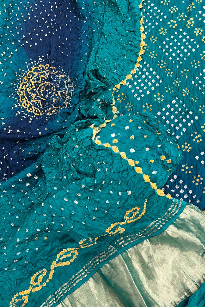 Beautiful Ombre dyed Bareek Bandhej Modal Silk Suit with zari patta dupatta