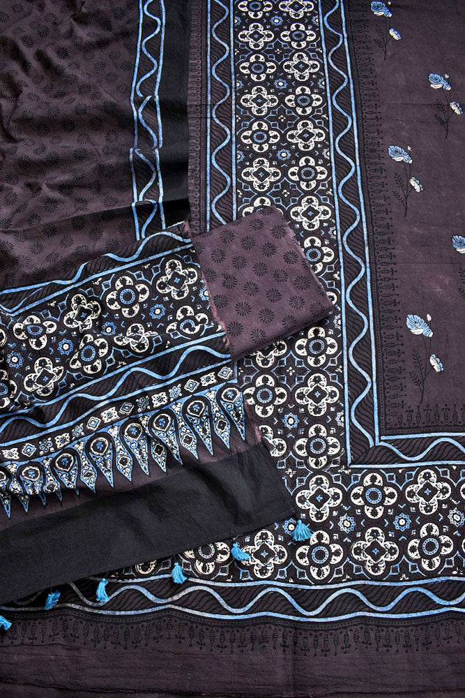 Block Print Ajrakh Cotton Suit with designer Ajrakh neck yoke /panel & Dupatta