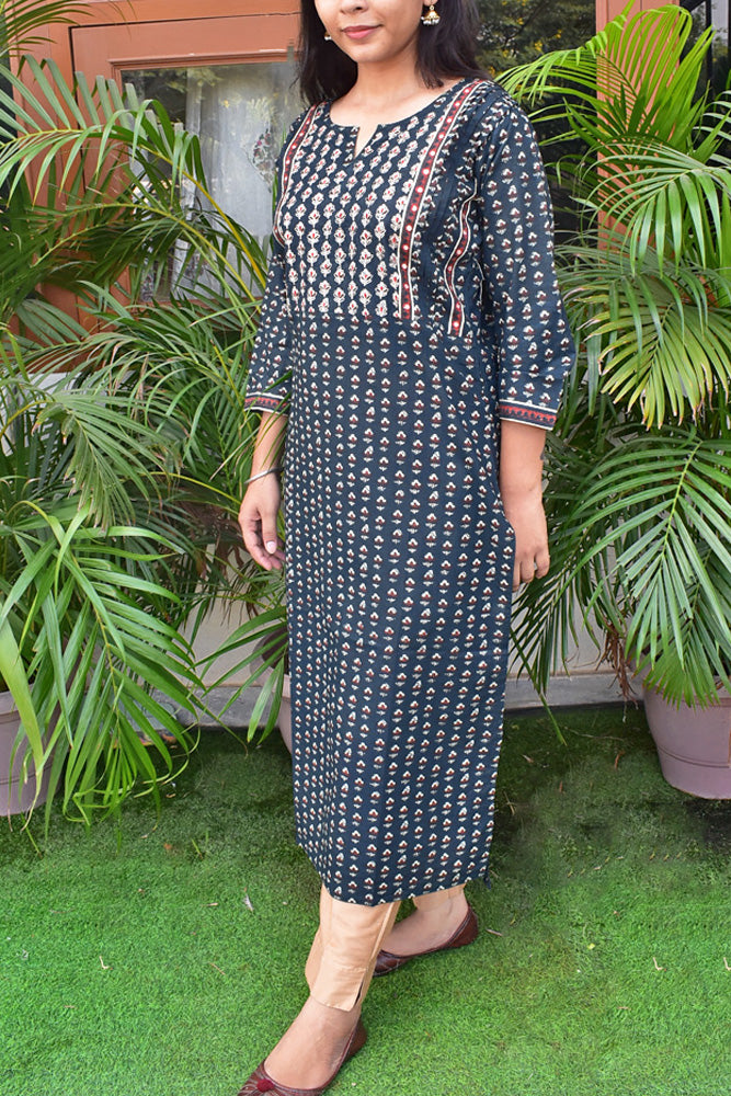 Hand Block Print Cotton Kurta with pitta work Size - 38, 40, 42, 44