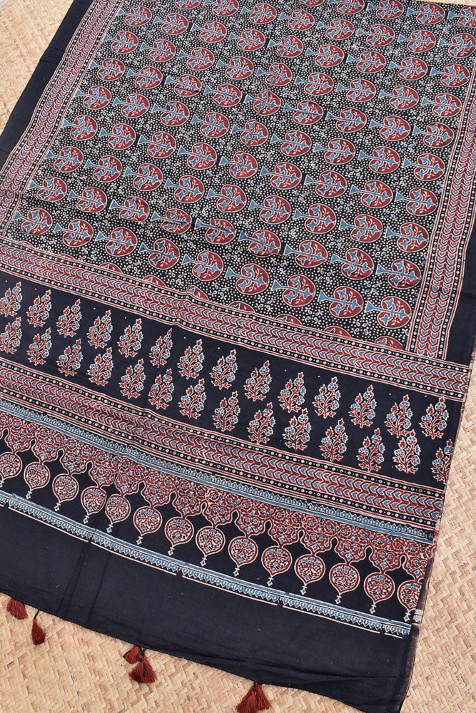 Ajrakh Hand Block Printed Cotton Dupatta with Tassels with natural dyes
