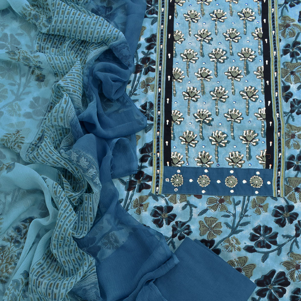 Premium Dabu Ajrakh Cotton Unstitched Suit with Intricate Hand Embroidery, mirror & sequin work & chiffon dupatta