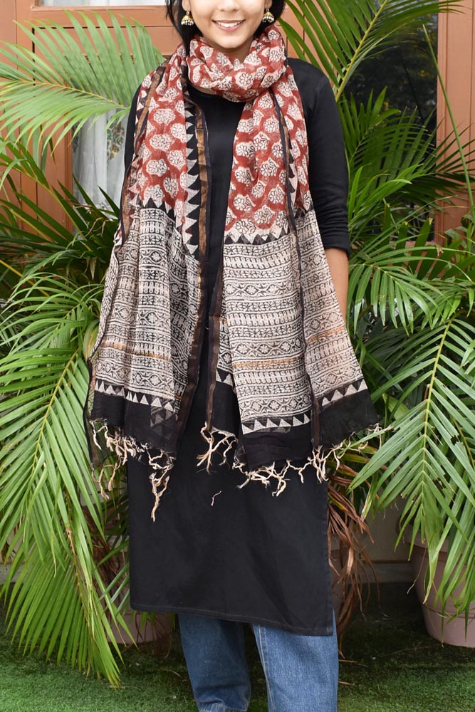 Hand Block Printed Kota Cotton Dupatta with zari border