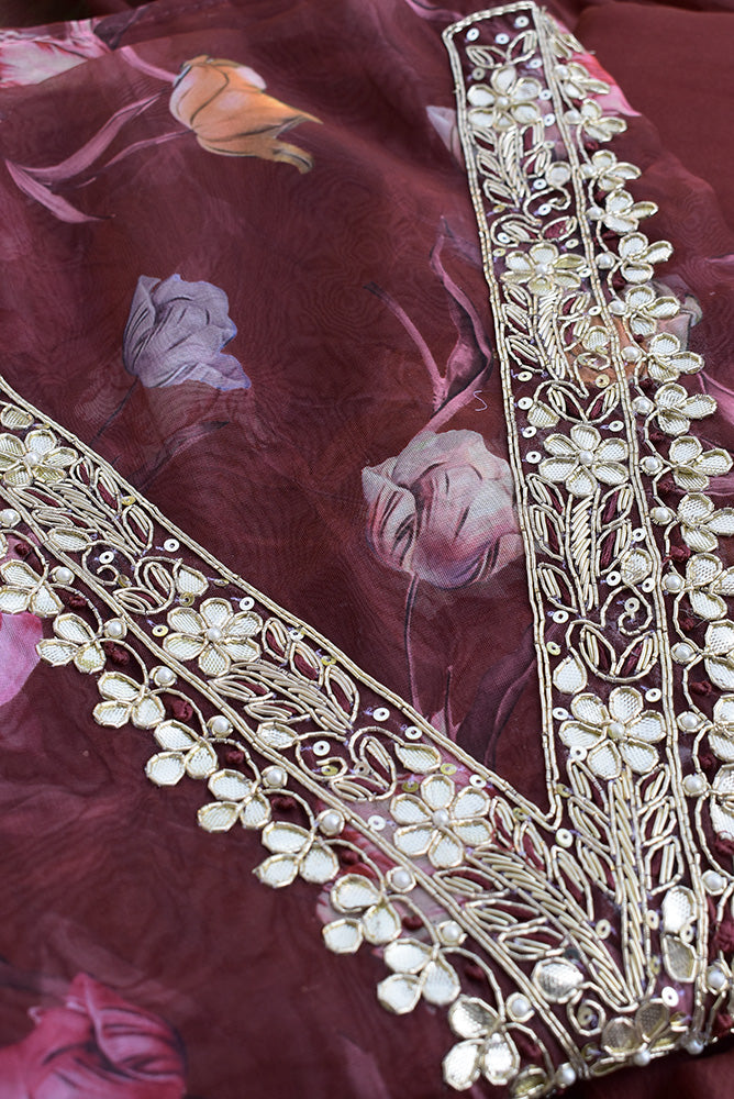 Beautiful Organza unstitched suit fabric with Gota Patti Work, Hand embroidery & Chiffon dupatta with Gota Work