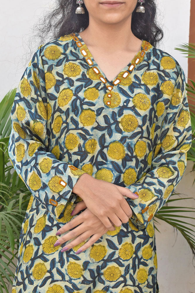 Beautiful Vanaspati Ajrakh Modal Silk with Kutch mirror work size - 38 - 46