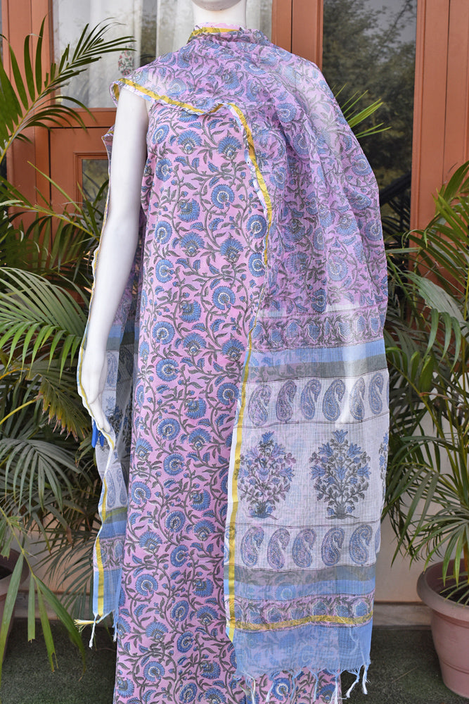 Designer Hand Block Print Soft Cotton suit with kota dupatta