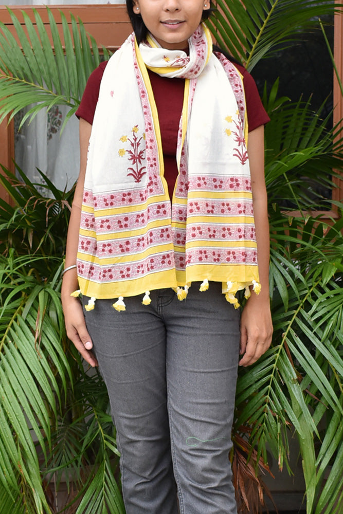 Elegant Hand block printed Cotton stole with cloth tassels