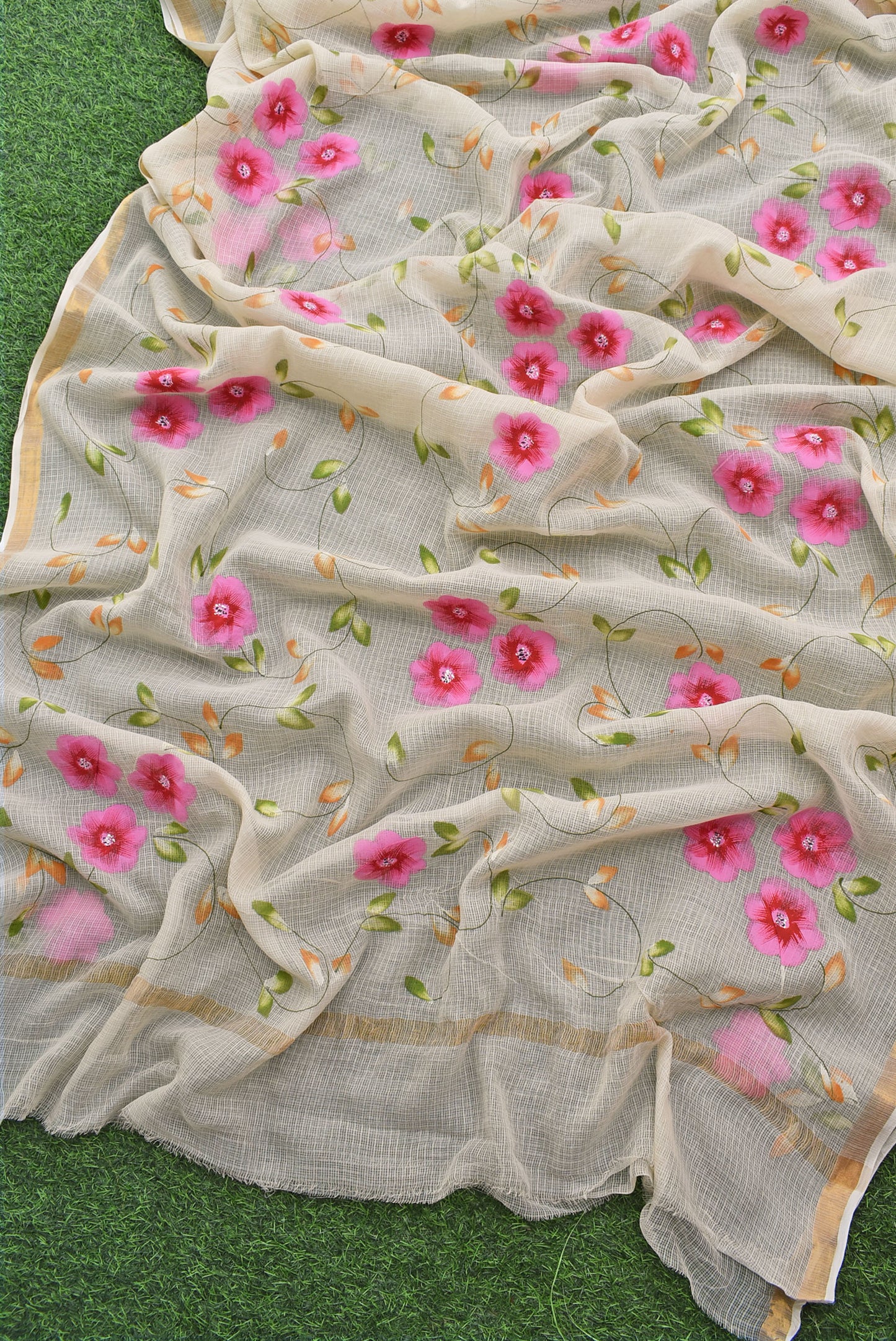 Prakriti : Beautiful Kota Doria Saree with Hand Painted Floral Motifs - Light beige color