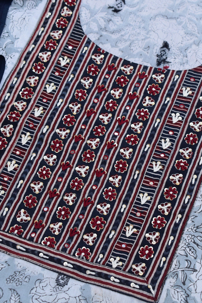 Premium Cotton Unstitched Suit with Intricate Hand Embroidery & Barmer Ajrakh block Print Patch