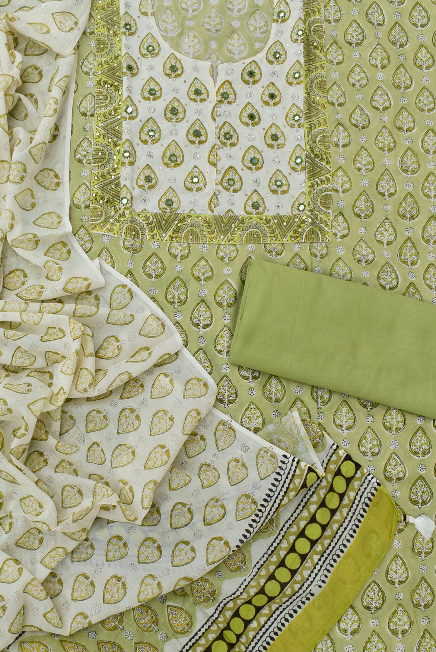 Beautiful Cotton Unstitched Suit Fabric with Embroidery, sequin & mirror work & Mul cotton dupatta