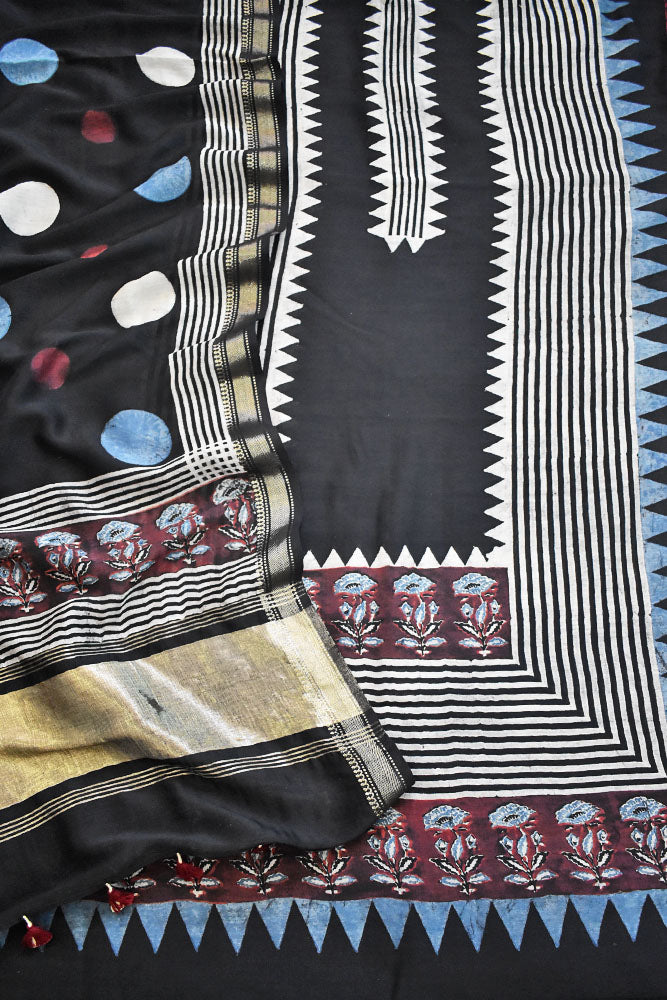 Beautiful Hand Block printed Kutch Ajrakh Chanderi Kurta and Lagdi patta dupatta set