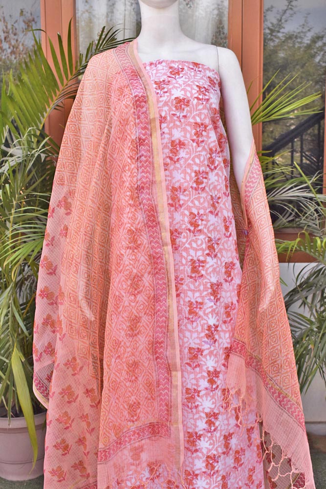 Elegant Sanganer Hand Block Printed Kota cotton Unstitched suit with Cotton Lining & bottom - 4 pc set