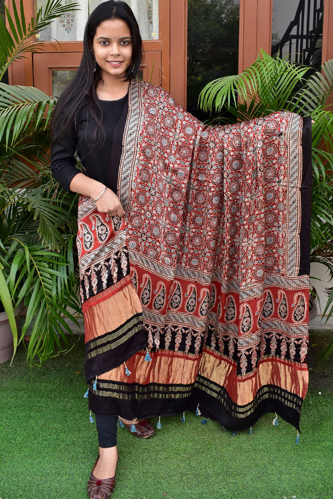 Elegant Modal Silk Ajrakh Block Print Dupatta with zari lagdi patta palla & Tassels