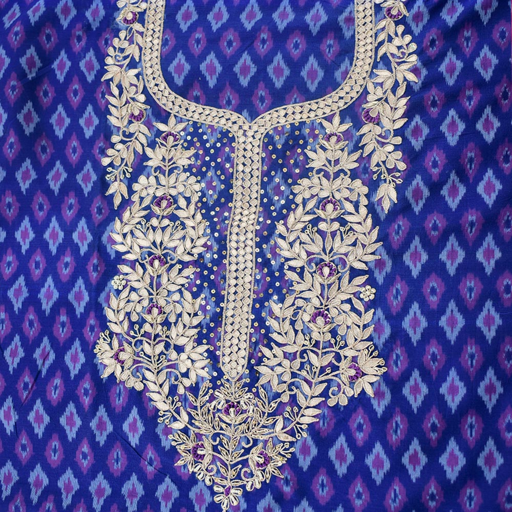 Elegant Handwoven Ikkat Silk Cotton Fabric with Hand Embroidery ( 2.5 mtrs)