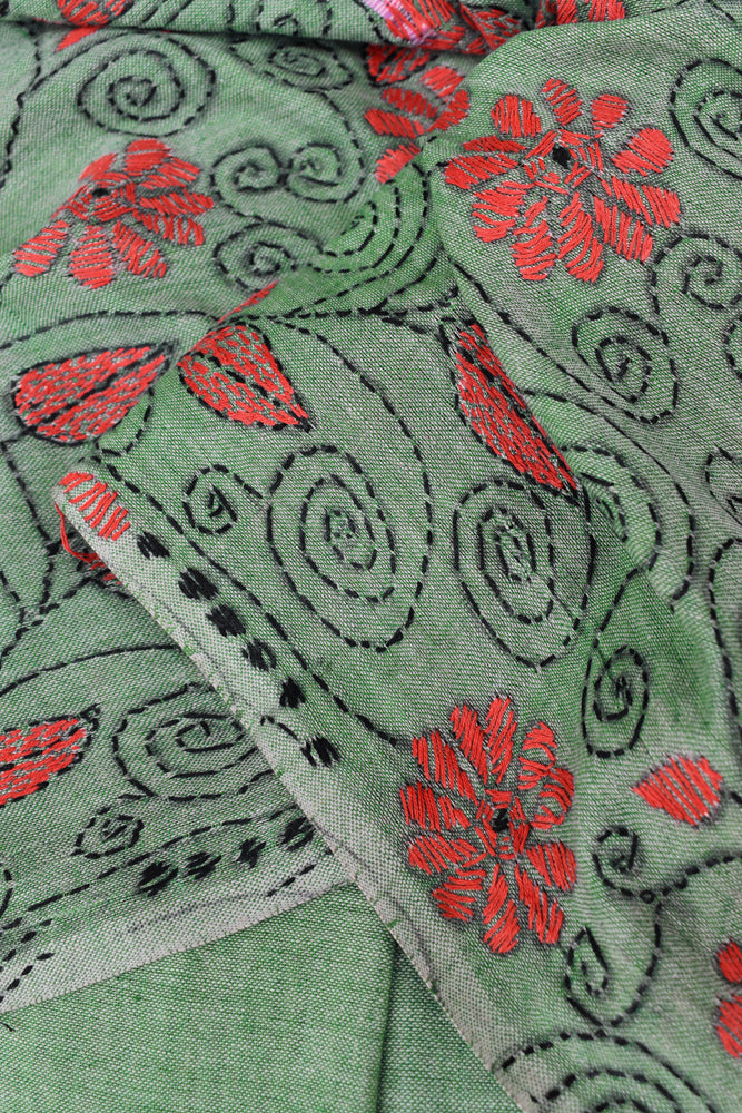 Elegant Handwoven Khesh Cotton Saree with Hand Kantha work