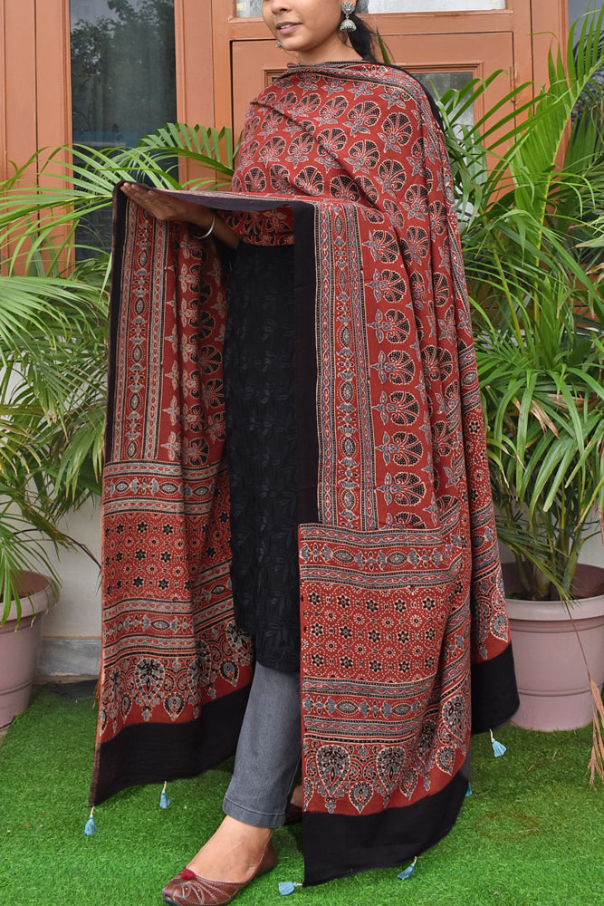 Ajrakh Hand Block Printed Cotton Dupatta with Tassels with natural dyes