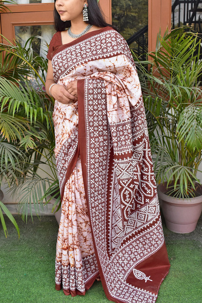 Hand Embroidered Sindhi Stitch work & Wax Batik Bangalore Pure Silk saree