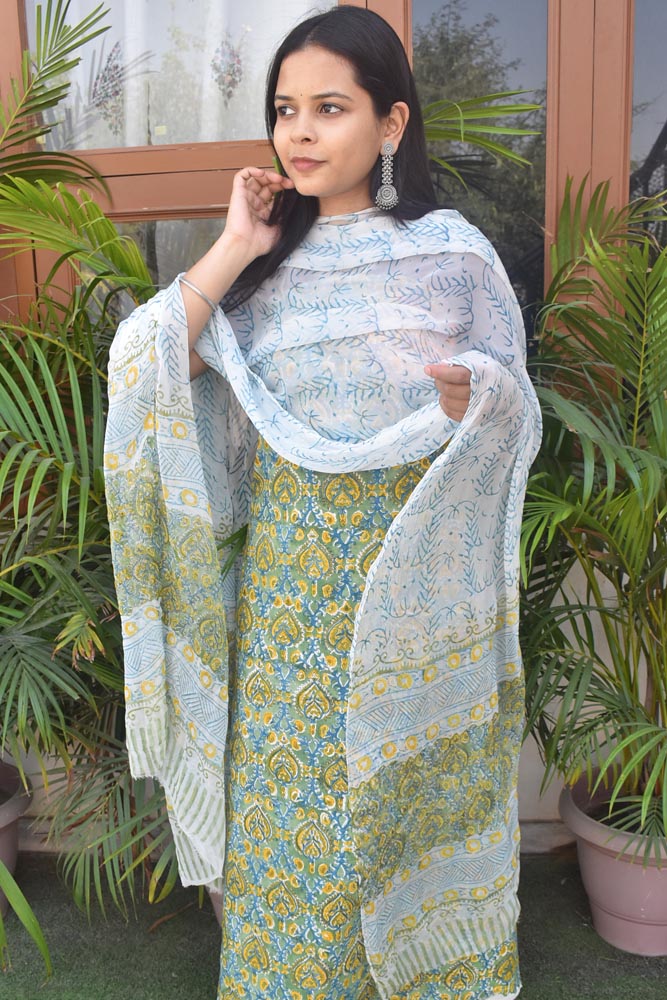 Sanganer Hand Block Printed Cotton unstitched suit fabric with Chiffon dupatta