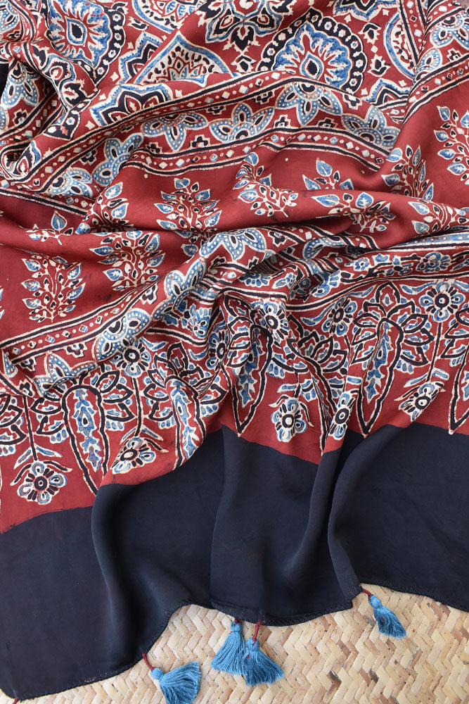 Beautiful Hand Block Printed Ajrakh Modal Silk stole with Tassels