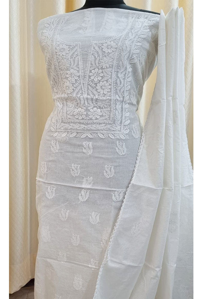 Elegant Kota Doria Kurta & Dupatta Set with Lucknowi Hand Chikankari embroidery - base white color - Dyeable