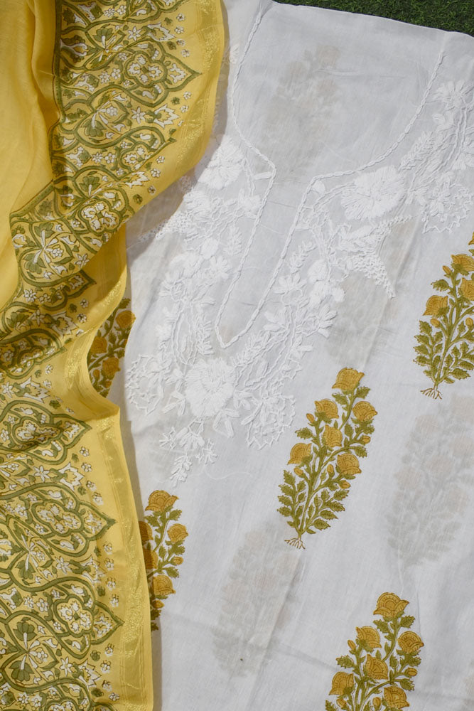 Beautiful Hand Block Printed Cotton Unstitched Suit Fabric with Embroidery & Chanderi dupatta With Cotton bottom