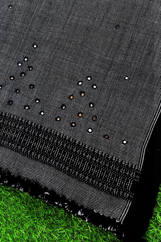 Beautiful Black & White Handwoven Bhujodi Mirror Work Woolen stole