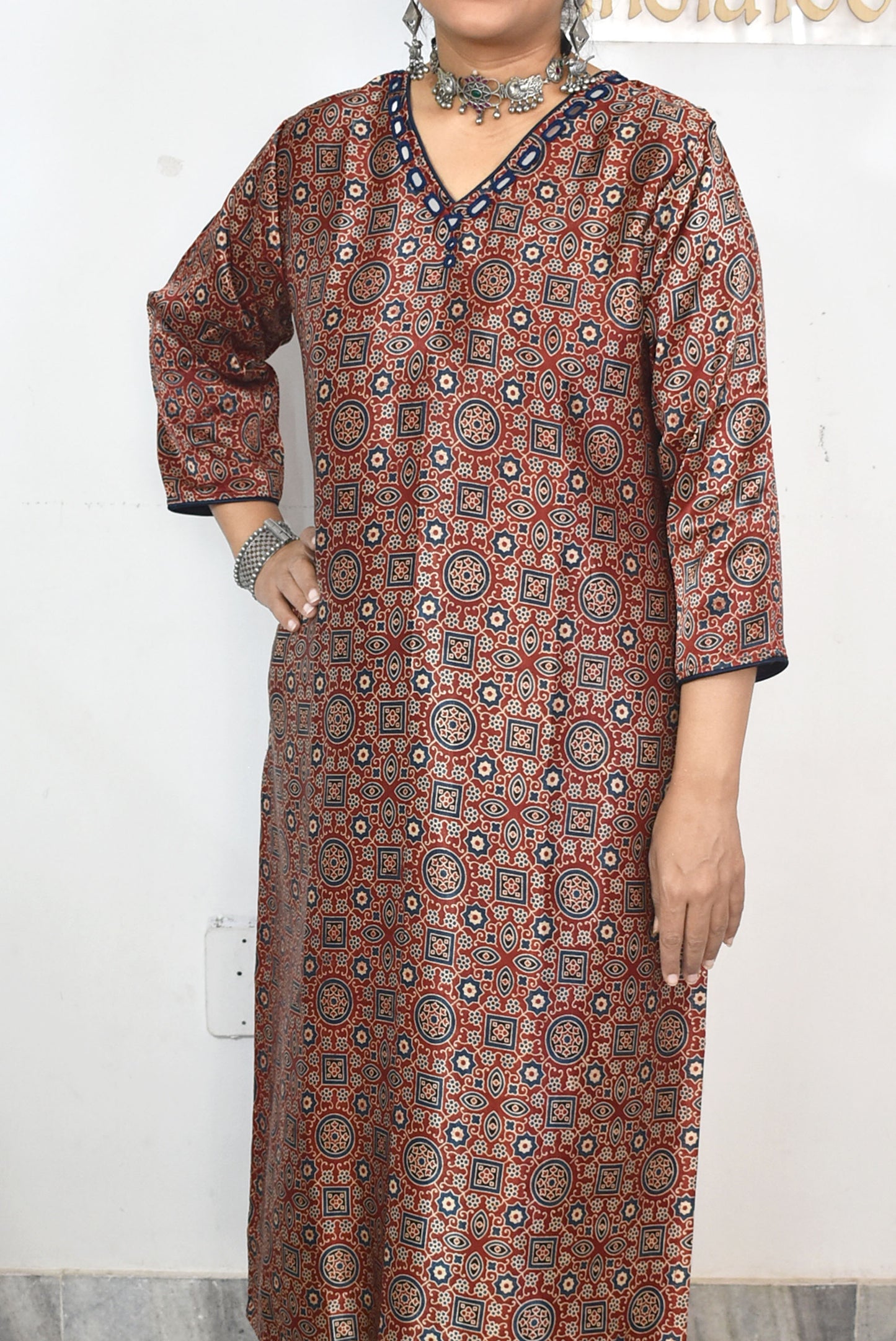 Beautiful Mashru Silk Ajrakh Kurta with Kutch mirror work size - 40-44