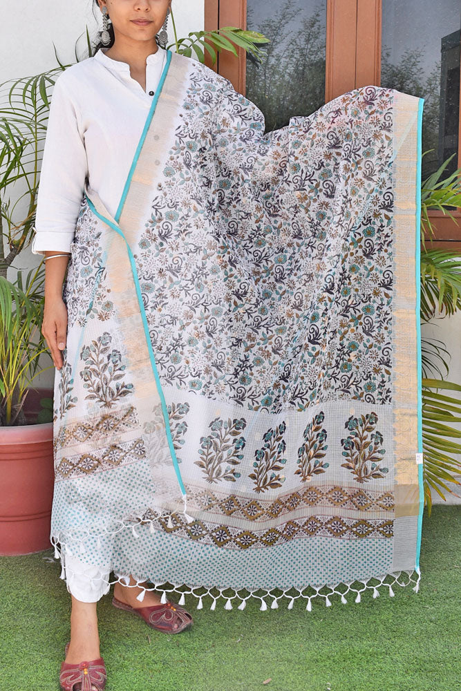 Beautiful Hand Block Printed Kota Doria Dupatta with broad zari border