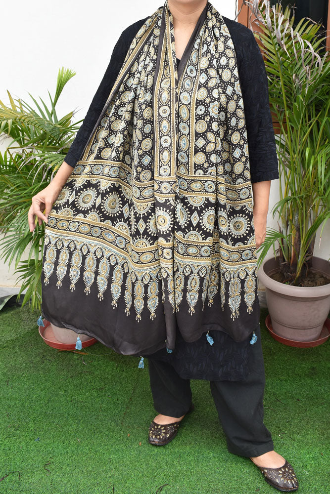 Beautiful Hand Block Printed Ajrakh Modal Silk stole with Tassels