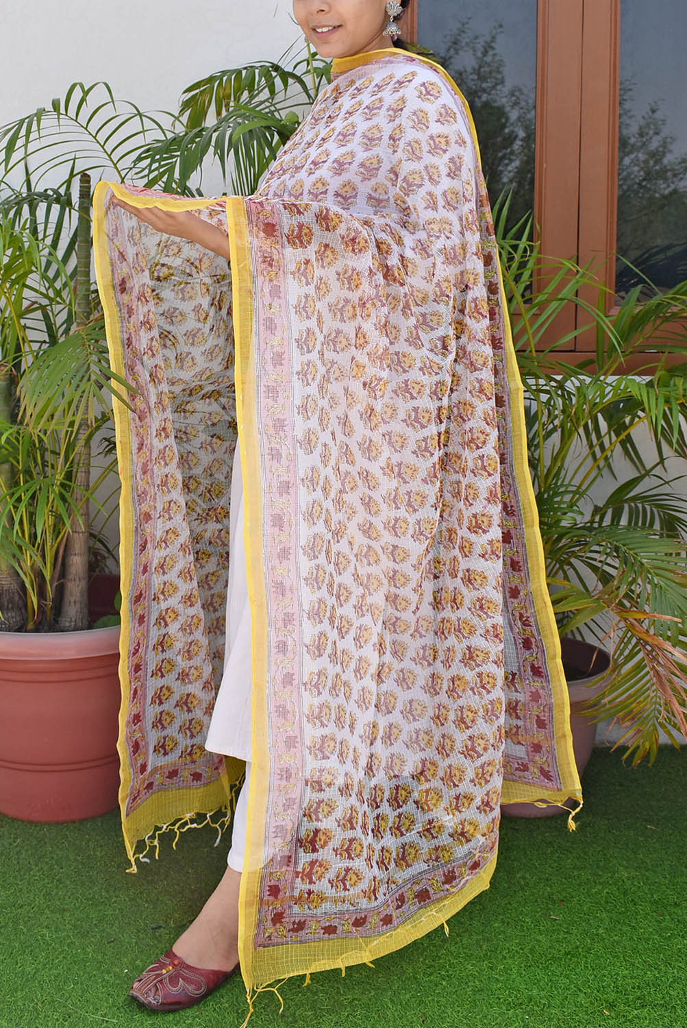 Hand Block Printed Kota Cotton Dupatta with zari border