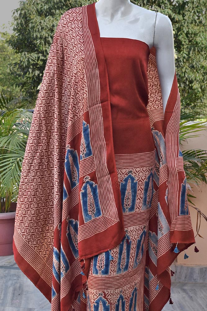 Elegant Ajrakh Modal Kurta and Dupatta Set with placement design & tassels