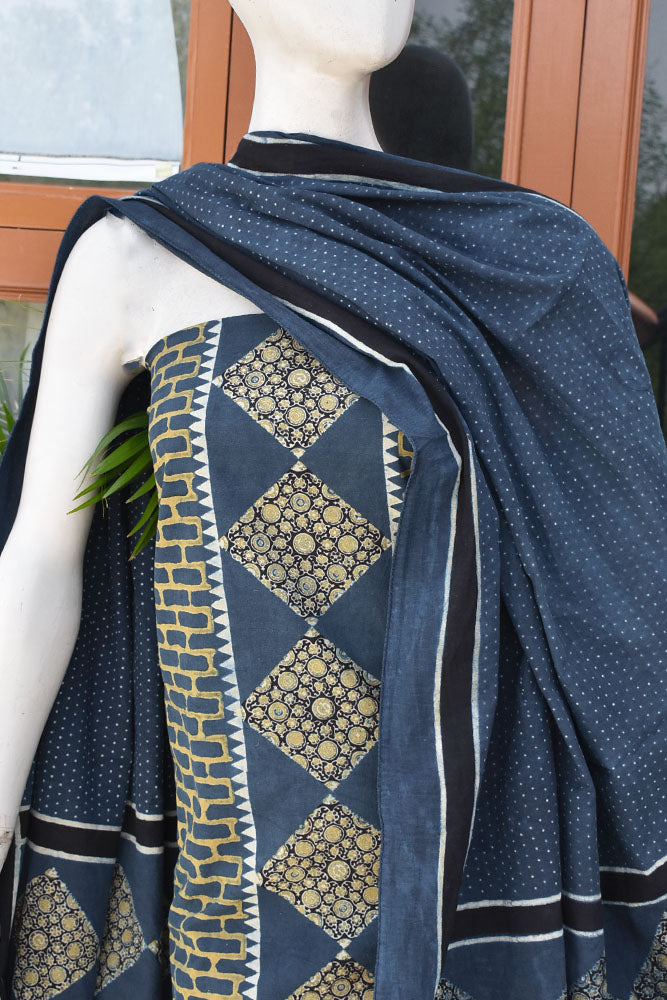 Hand Block Print Ajrakh Cotton Suit with designer Ajrakh neck yoke pattern